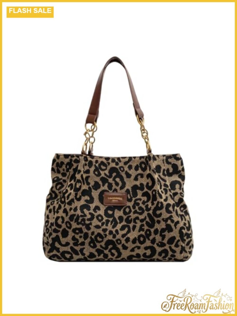 Leopard Cheetah Print Canvas Tote Shoulder Bag with Chain & Zipper